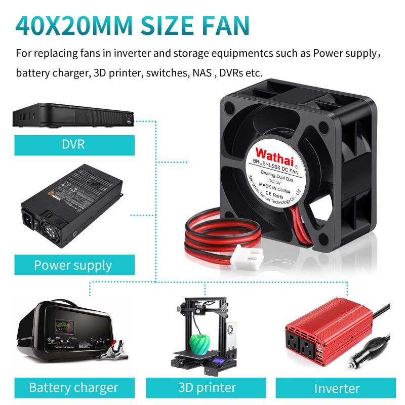Wathai 40mm x 20mm 5V Case Fan Dual Ball 2Pin DC Brushless Cooling Fan - Image 3